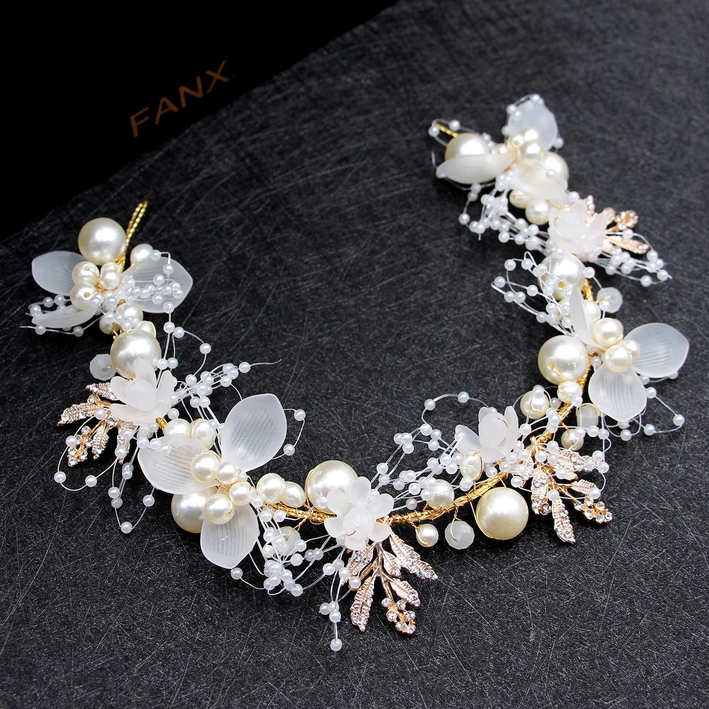 Bridal Pearl Flower Headband with Gold Leaf Accents