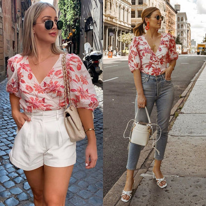 V-Neck Five-Sleeve Printed Blouse