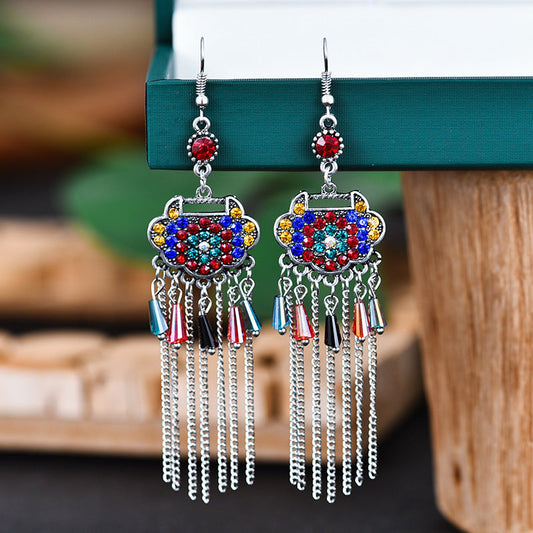 Creative Long Life Lock Retro Tassel Earrings Women'S Full Diamond Long Style Temperament Earrings