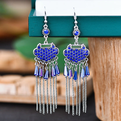 Creative Long Life Lock Retro Tassel Earrings Women'S Full Diamond Long Style Temperament Earrings