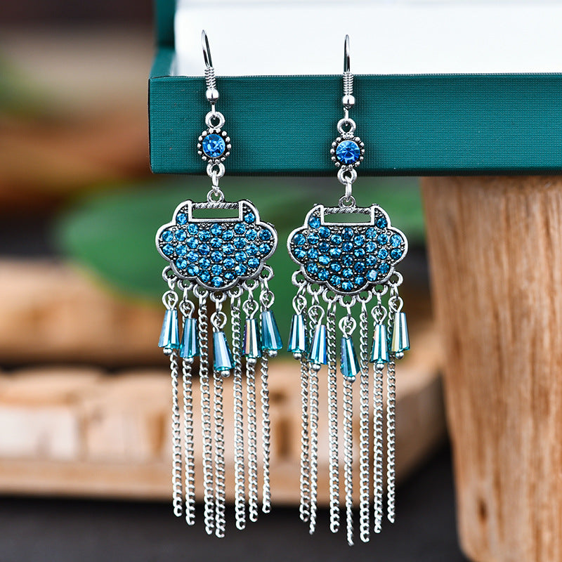 Creative Long Life Lock Retro Tassel Earrings Women'S Full Diamond Long Style Temperament Earrings
