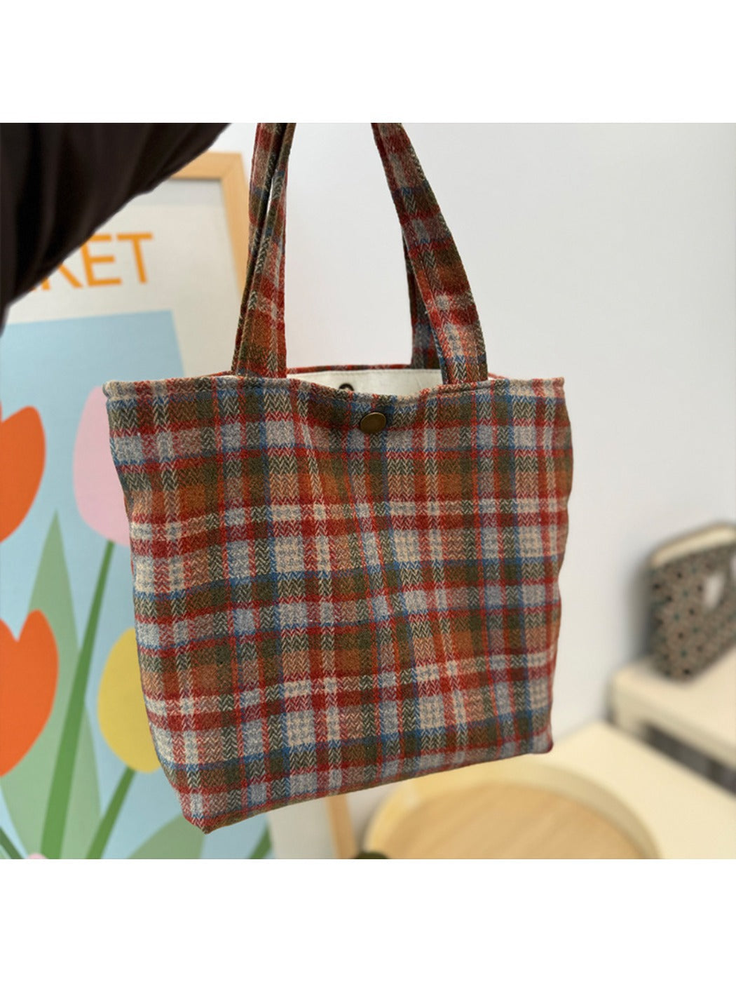 Cosbai - Canvas Shoulder Bag with Orange Plaid Patterns