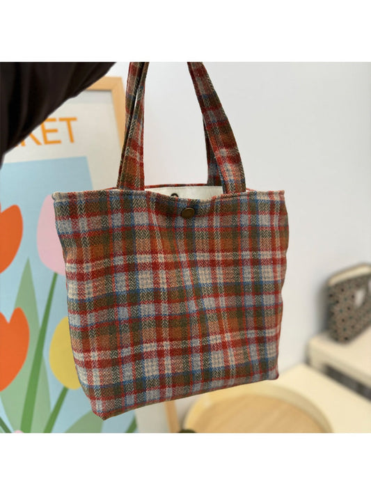 Cosbai - Canvas Shoulder Bag with Orange Plaid Patterns