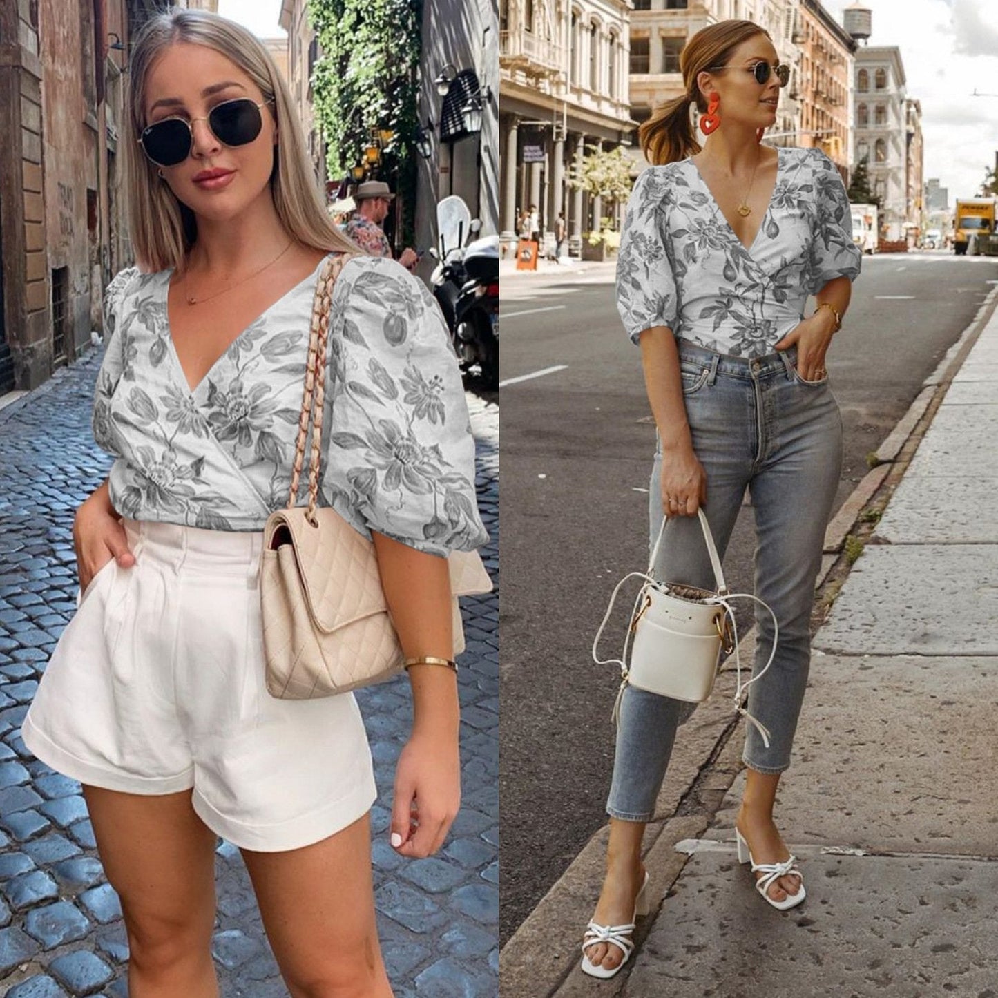 V-Neck Five-Sleeve Printed Blouse