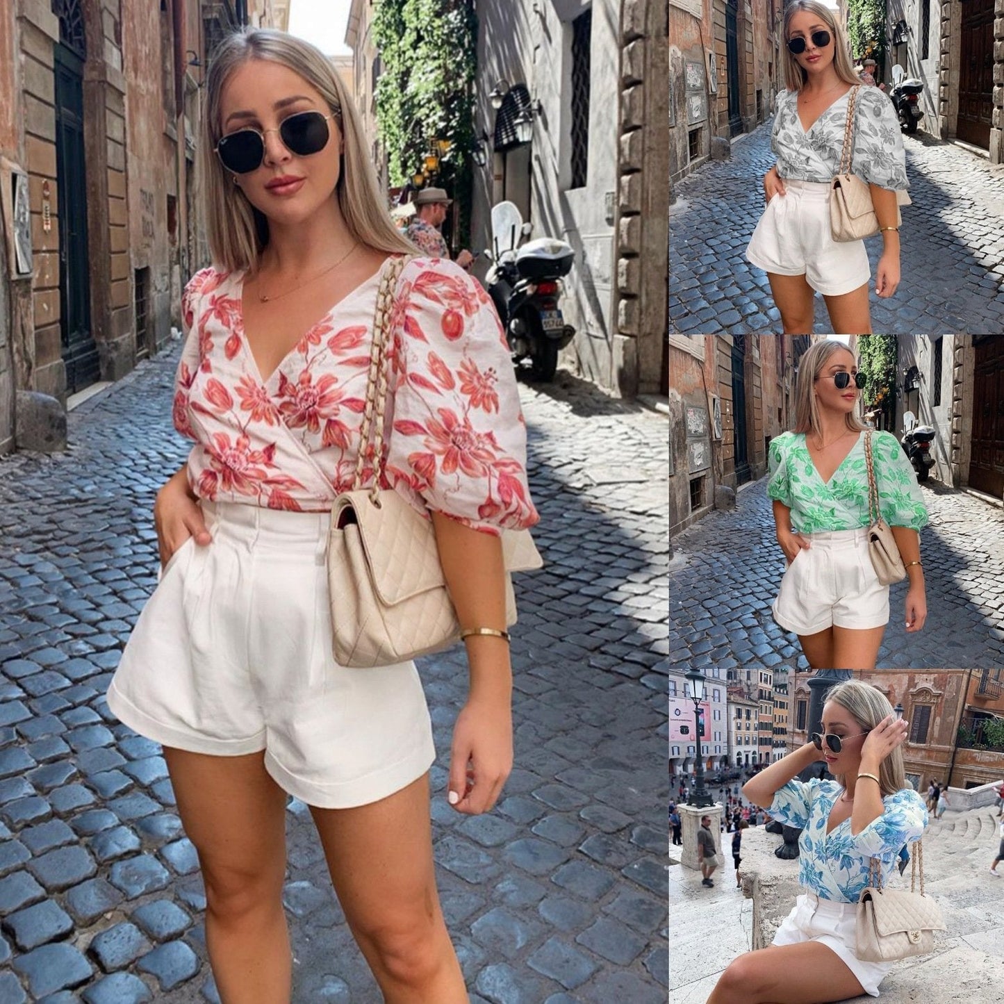 V-Neck Five-Sleeve Printed Blouse