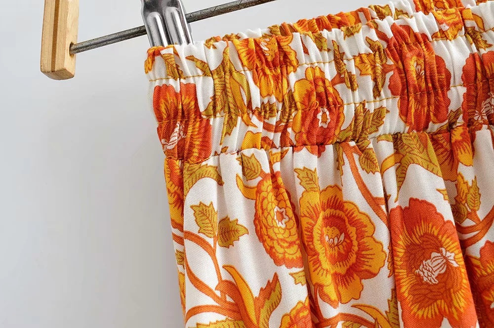 Mini Rok Geel Katoen Bloemenprint Elastische Taille Chic  Beach Boho Casual  Short Skirt