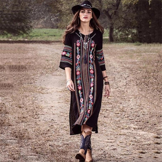 New Rayon Embroidered Mid-Length-Sleeved Beach Skirt Holiday Long Dress