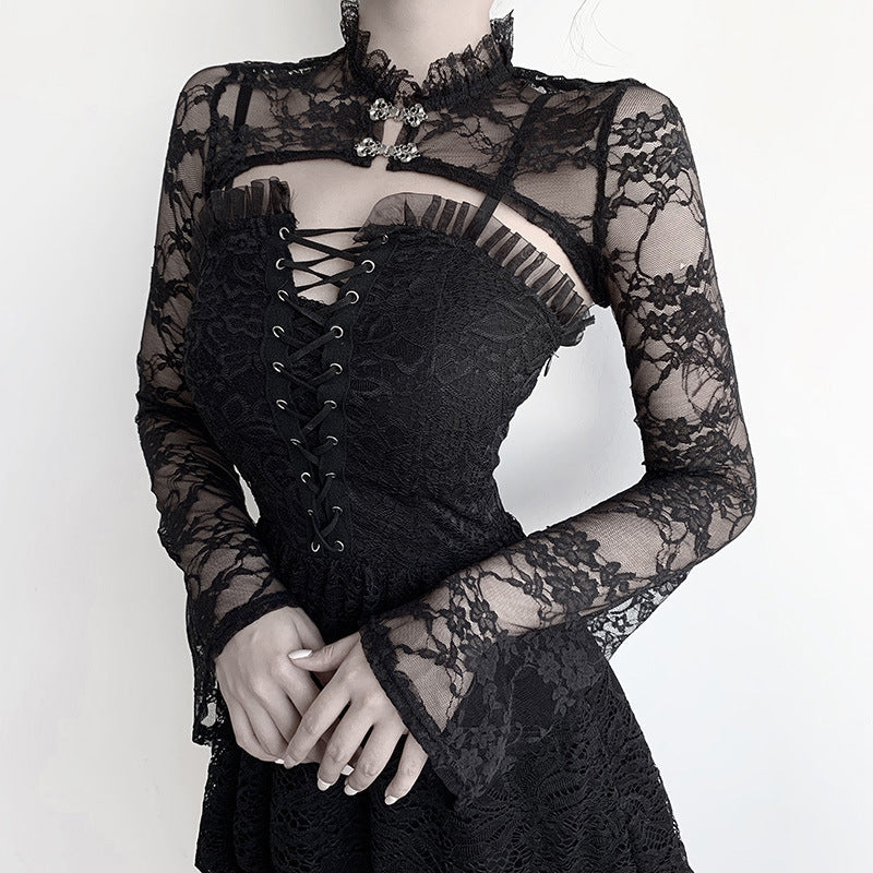 Chic Black Lace Blouse with Stand Collar and Bell Sleeves