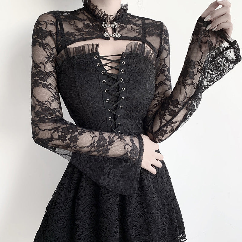 Chic Black Lace Blouse with Stand Collar and Bell Sleeves