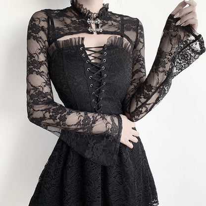Chic Black Lace Blouse with Stand Collar and Bell Sleeves