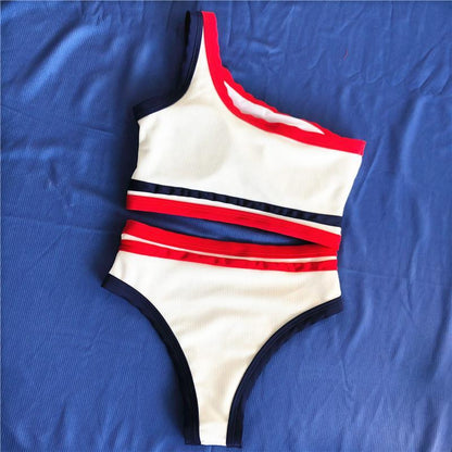 One-Shoulder Swimsuit Split Striped Bikini