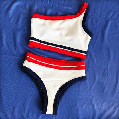 One-Shoulder Swimsuit Split Striped Bikini