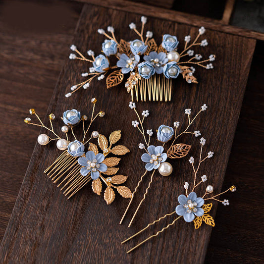 Bridal Flower Hair Comb Accessories in Light Blue and Pink