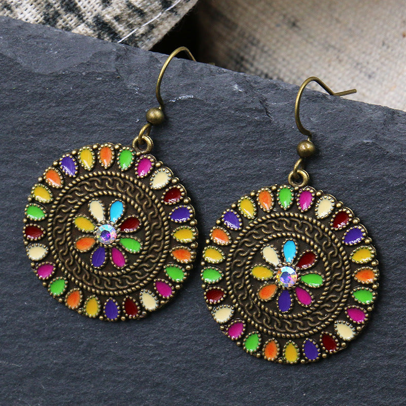 Retro Geometric Earrings with Colorful Rhinestones