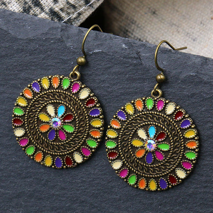 Retro Geometric Earrings with Colorful Rhinestones