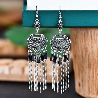 Creative Long Life Lock Retro Tassel Earrings Women'S Full Diamond Long Style Temperament Earrings