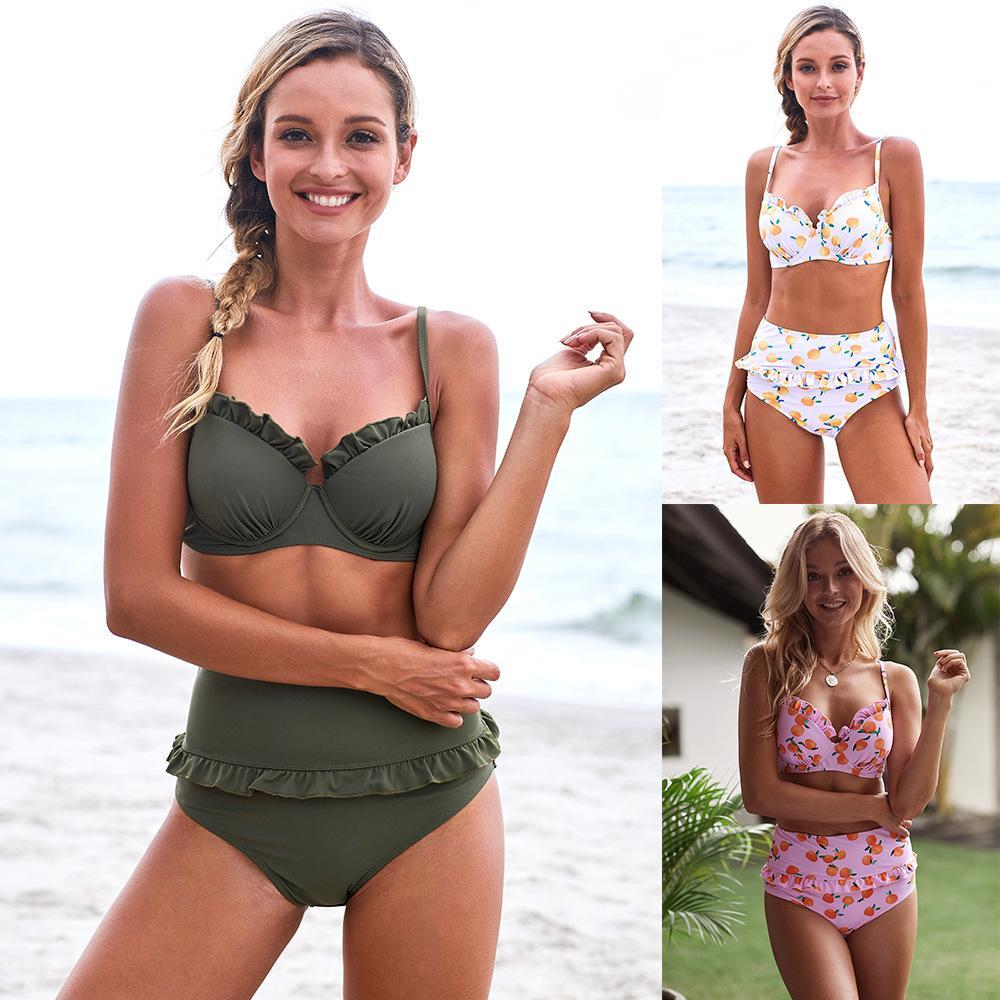 Women Beach Holiday Printing Bikini High Waist Split Swimsuit