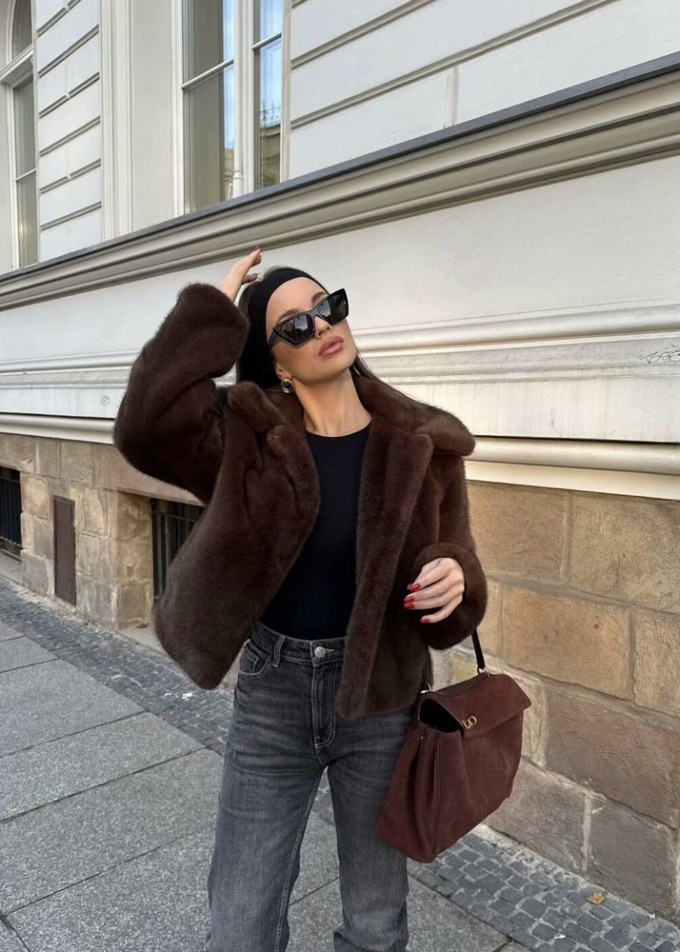 Short Coat Plush Faux Fur Dark Brown