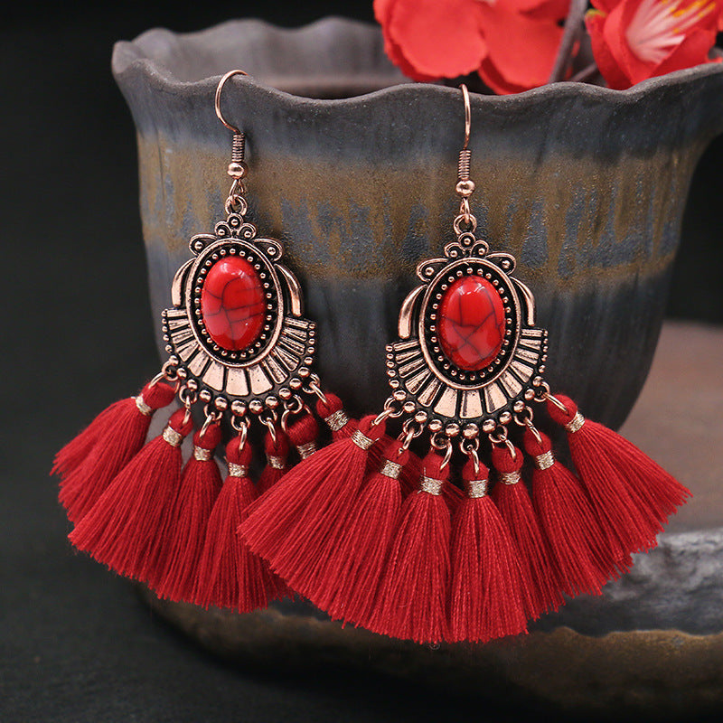 Red Geometric Tassel Earrings Bohemian Style