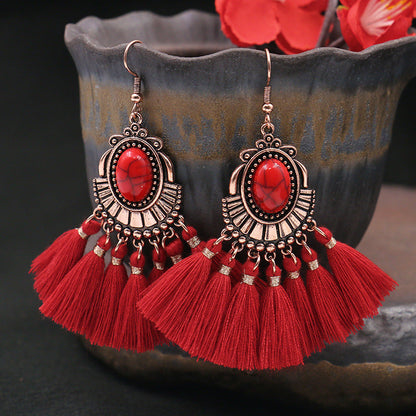 Red Geometric Tassel Earrings Bohemian Style