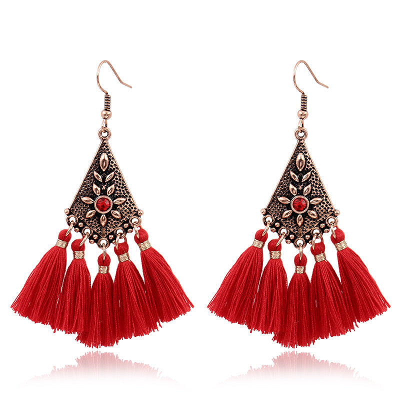 Red Geometric Tassel Earrings Bohemian Style