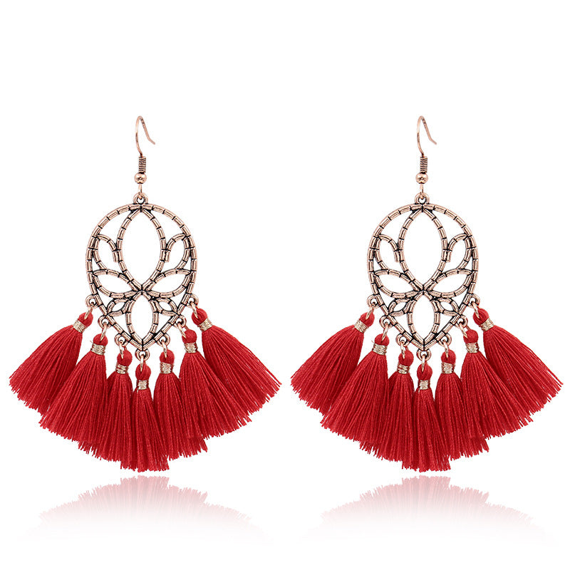 Red Geometric Tassel Earrings Bohemian Style