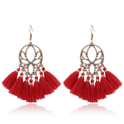 Red Geometric Tassel Earrings Bohemian Style