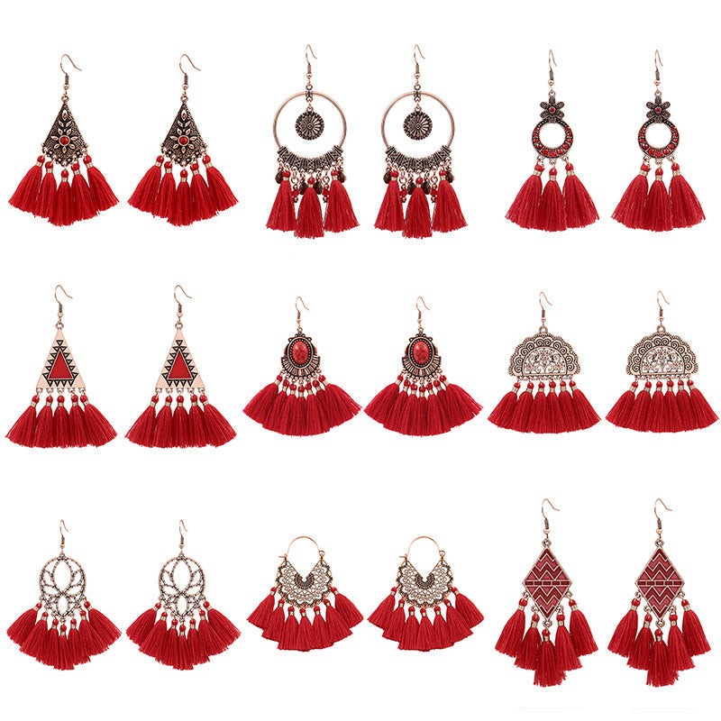 Red Geometric Tassel Earrings Bohemian Style