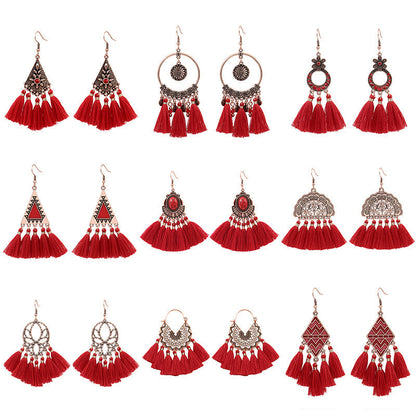 Red Geometric Tassel Earrings Bohemian Style