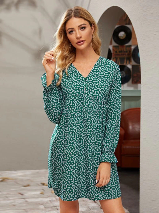 Sexy V-Neck Women'S Long Sleeve Floral Skirt Dress