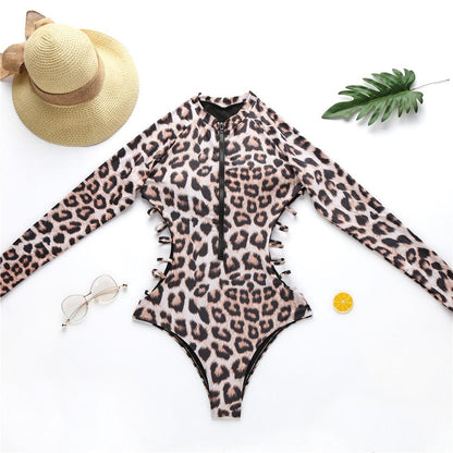 Snake Leopard Print Bikini Long Sleeve Swimsuit