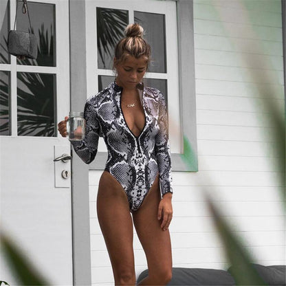 Snake Leopard Print Bikini Long Sleeve Swimsuit
