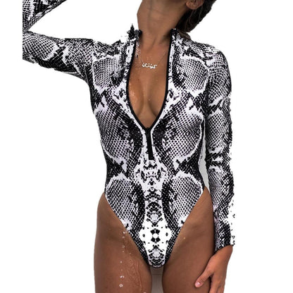 Snake Leopard Print Bikini Long Sleeve Swimsuit