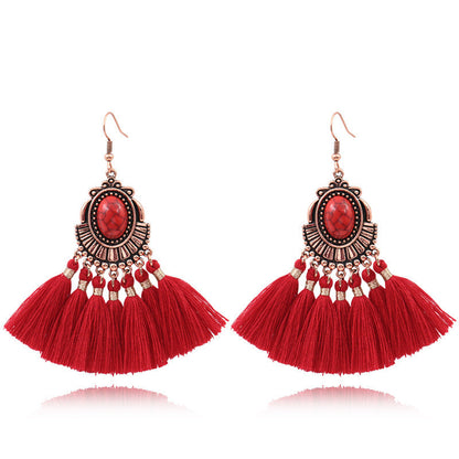 Red Geometric Tassel Earrings Bohemian Style