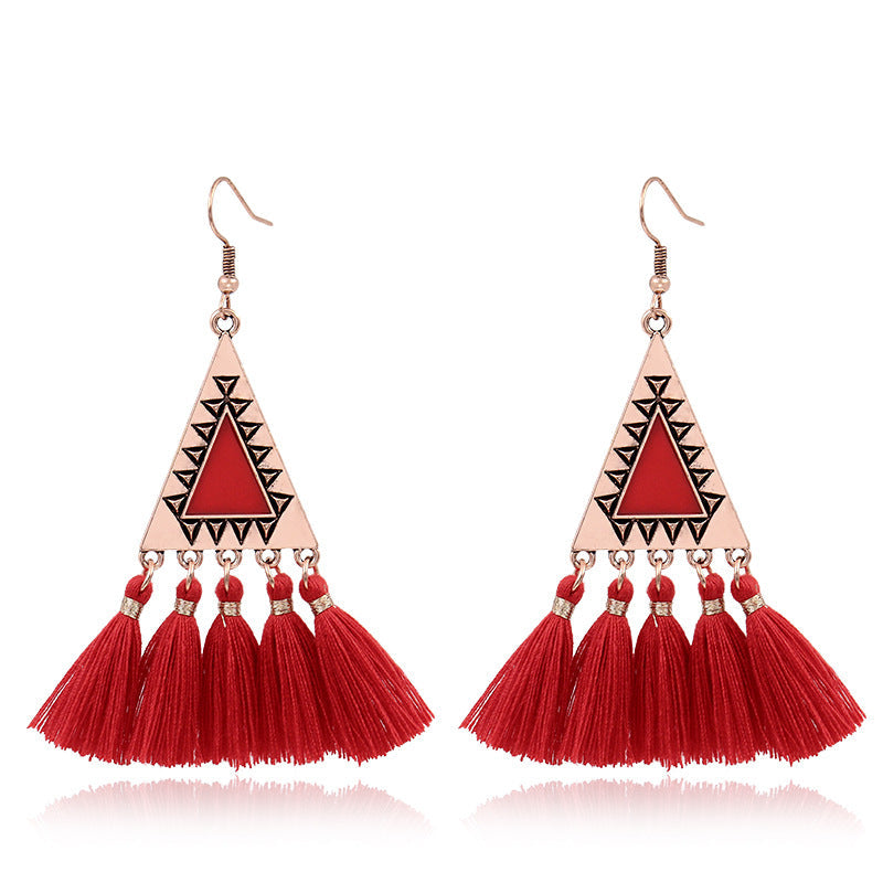 Red Geometric Tassel Earrings Bohemian Style