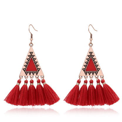 Red Geometric Tassel Earrings Bohemian Style