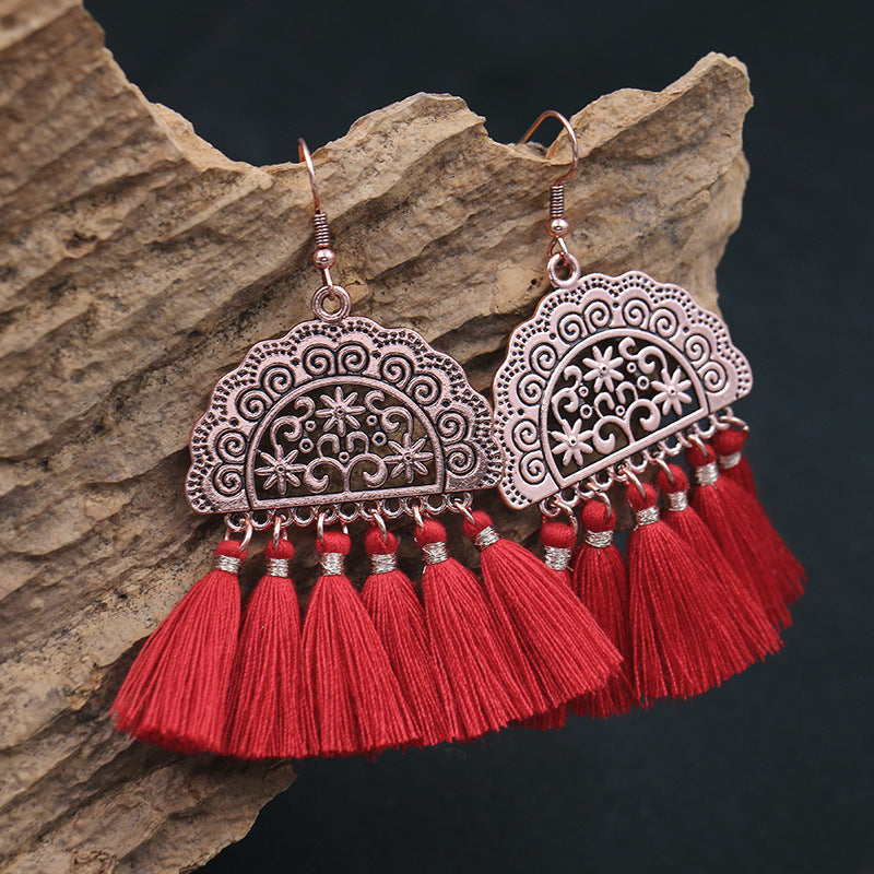 Red Geometric Tassel Earrings Bohemian Style