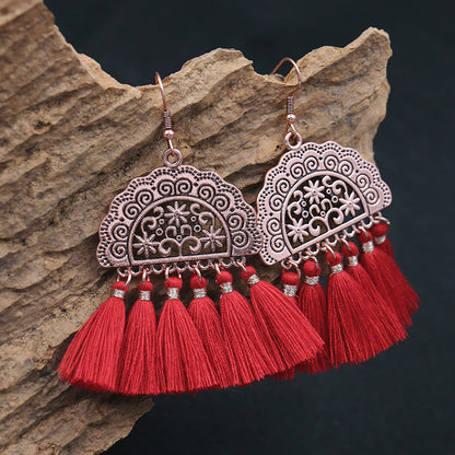 Red Geometric Tassel Earrings Bohemian Style