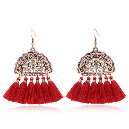 Red Geometric Tassel Earrings Bohemian Style