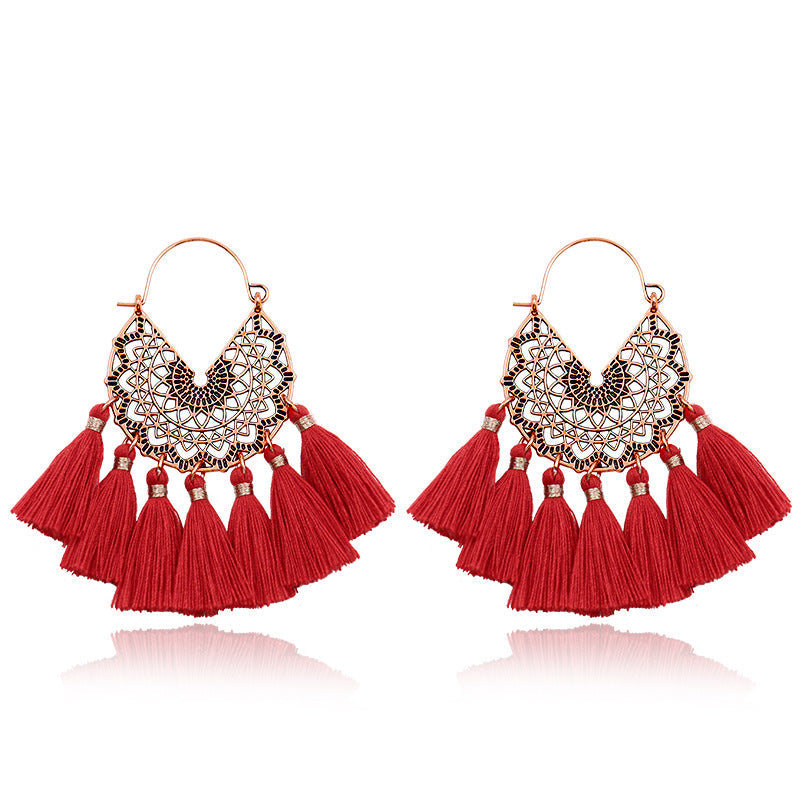 Red Geometric Tassel Earrings Bohemian Style