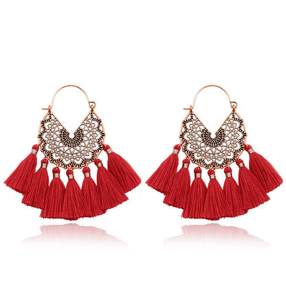 Red Geometric Tassel Earrings Bohemian Style