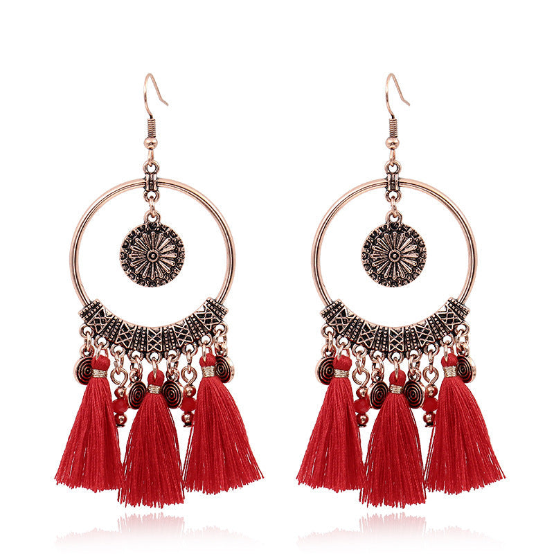 Red Geometric Tassel Earrings Bohemian Style
