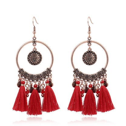 Red Geometric Tassel Earrings Bohemian Style