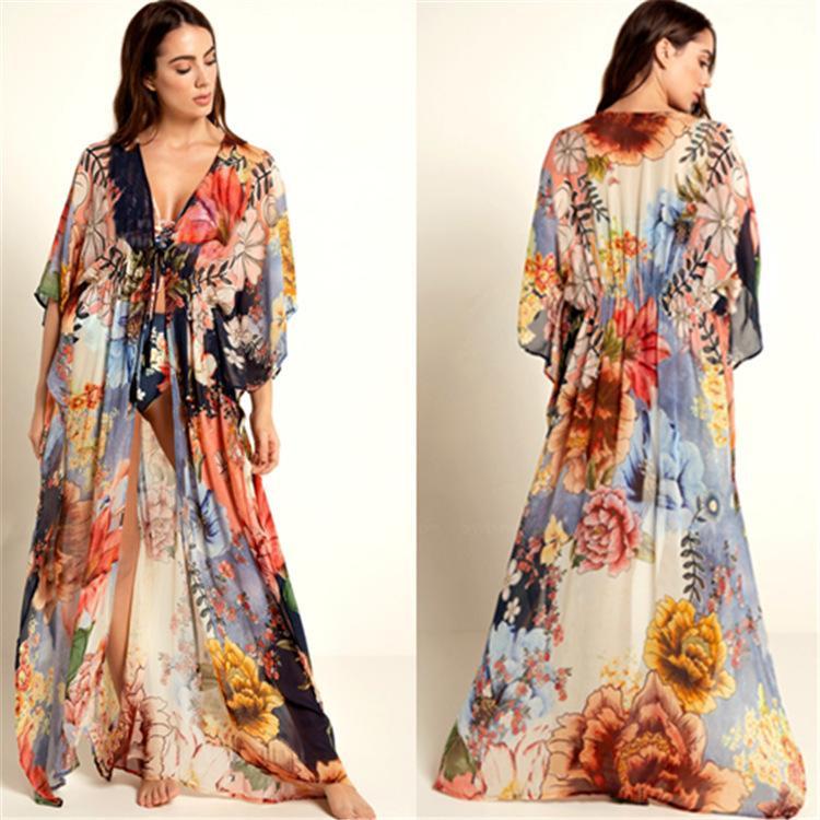 New Chiffon Big Flower Printed Loose Cover Up