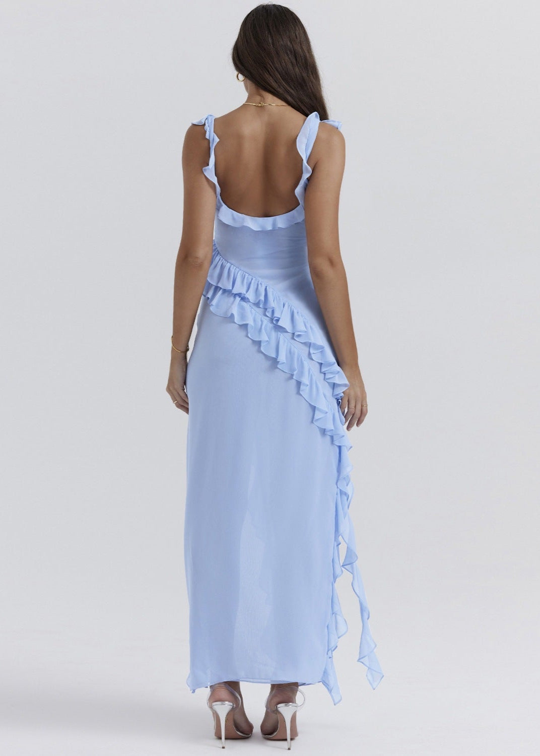Ruffled High Slit Gown In Blue Chiffon