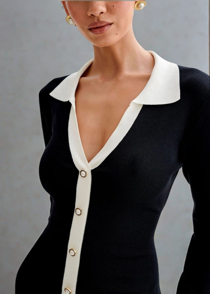 Contrast Trim Knit Dress With Ruffle Hem