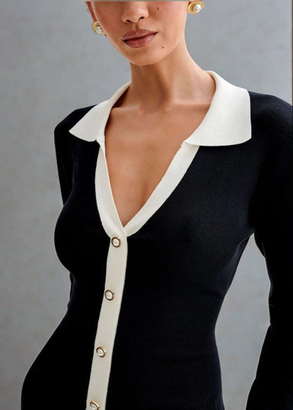Contrast Trim Knit Dress With Ruffle Hem