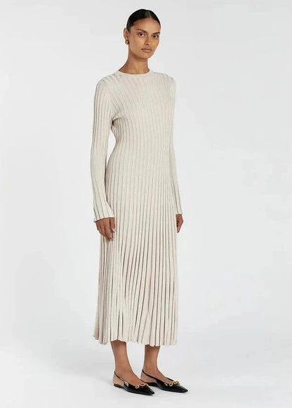 Pleated Ribbed Knit Midi Dress In Soft Fabric