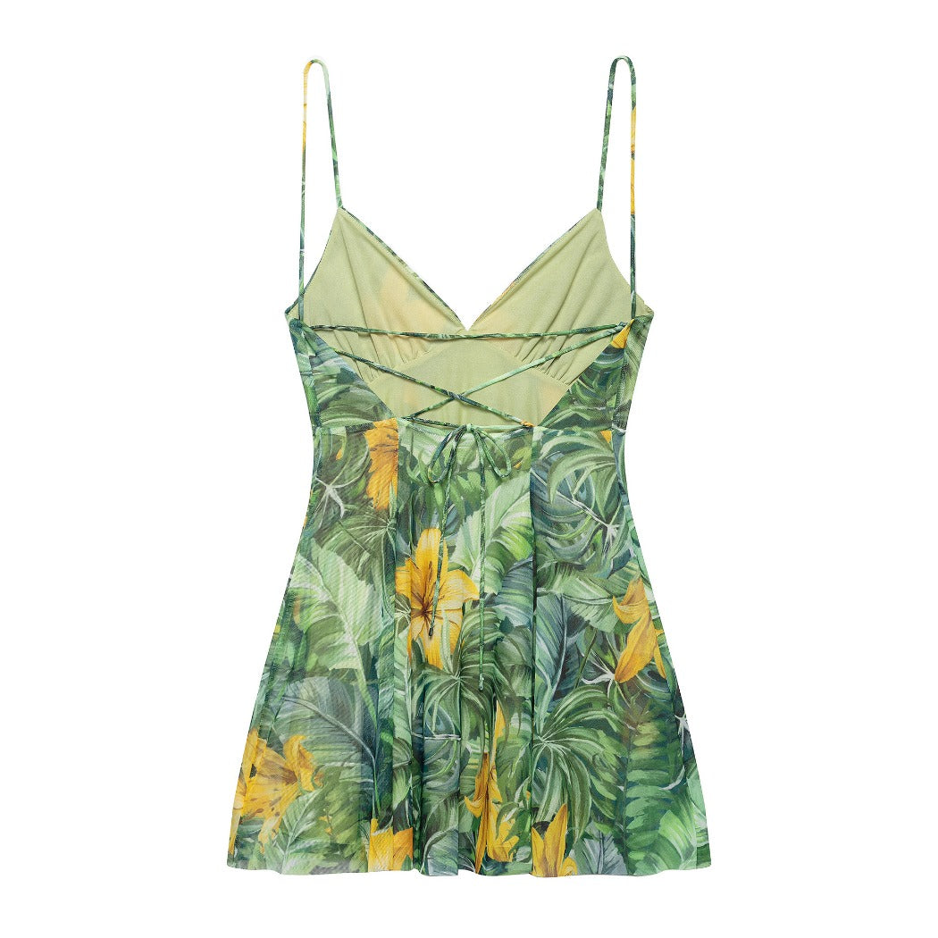Troposa - Backless Mini Dress - Floral &amp; Leopard &amp; Leaf