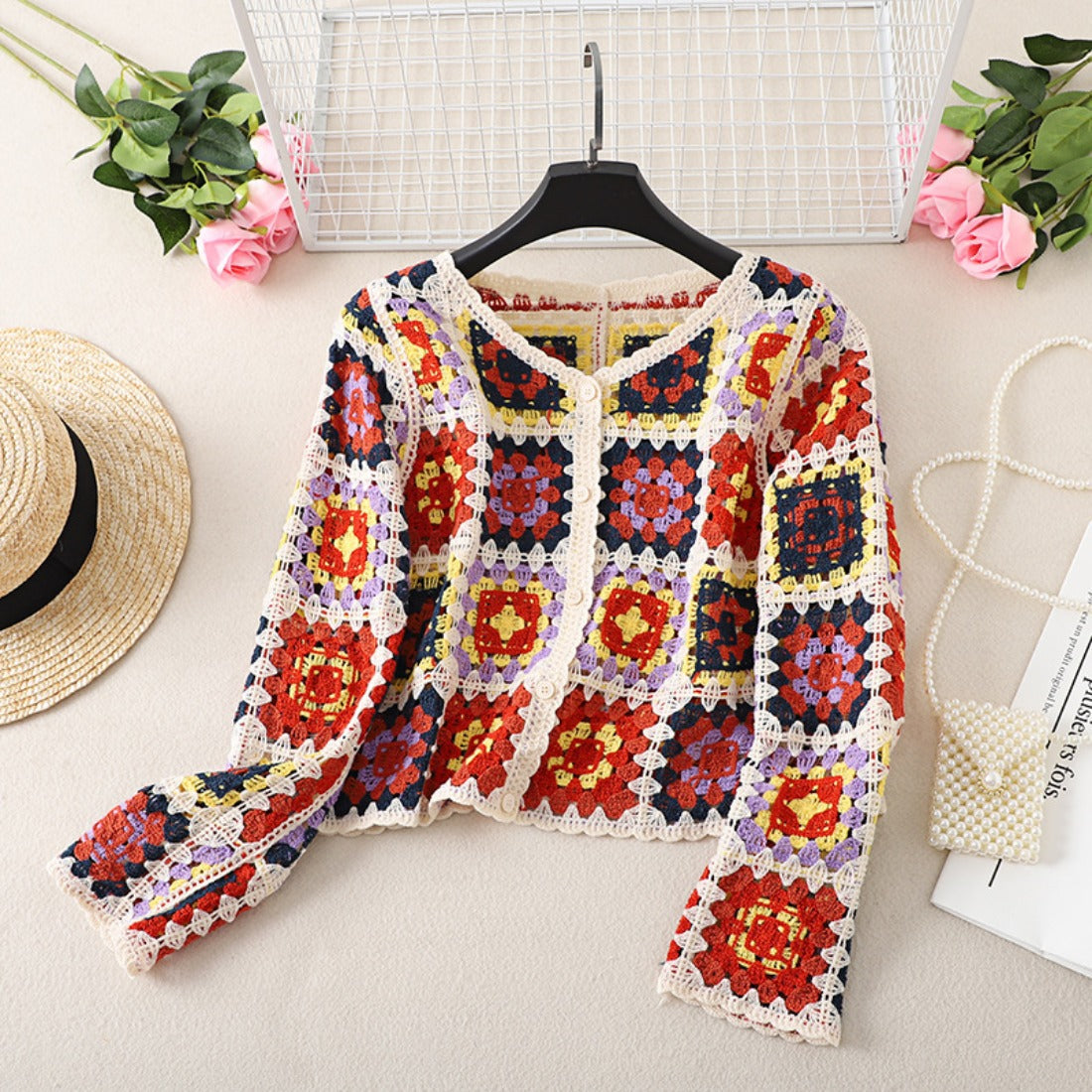 Crosa - Vintage V-Neck Hollow Knit Sweater